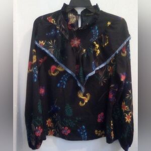 Denimland Black Floral Bohemian Women's Blouse Keyhole Back Size S